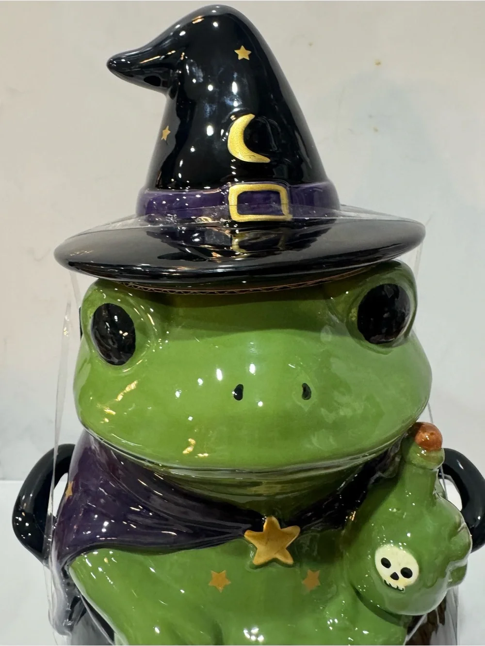 Spooky Street Halloween Cookie Jar/Canister Witch/Wizard Frog on Cauldron NWT
